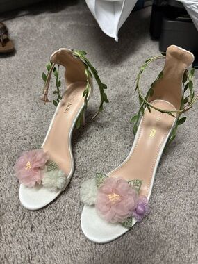 Fashion Nova White Floral Ankle-Strap Heels with Pink & Green Details